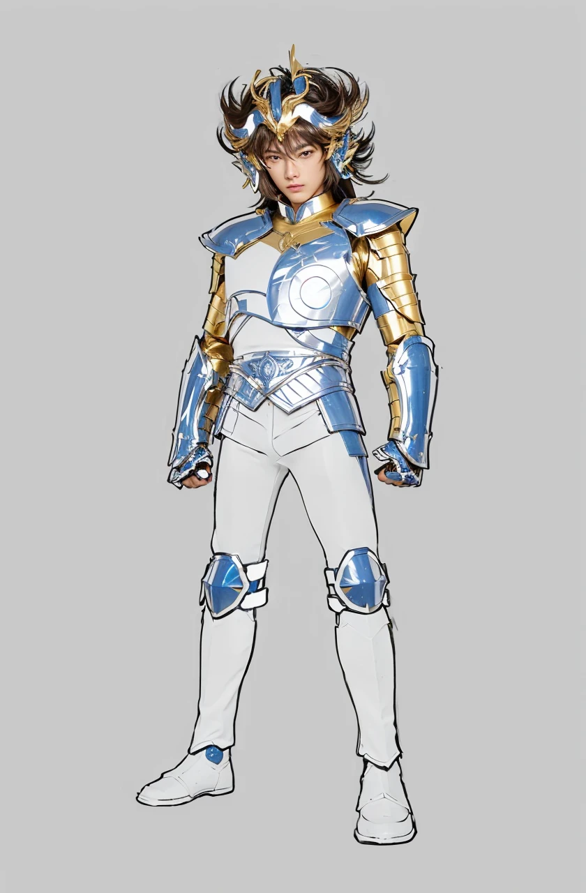 Ultra-high saturation, (tmasterpiece), full body photo, (best quality), (1 handsome man), starry sky background, Wearing shiny gold armor, armor type armor shows details of your muscles, showing the belt, showing the armor thigh protector, cool pose, Saint Seiya Armor, messy hair, high detail, Anime style, Cinematic lighting, Glitter, god light, Ray traching, filmgrain, hyper HD, skin texture, super detail, Anatomically correct, High resolution, Saturation ultra-high, High contrast, High-shiny green armor, Smooth skin, Serious expression, messy hair
