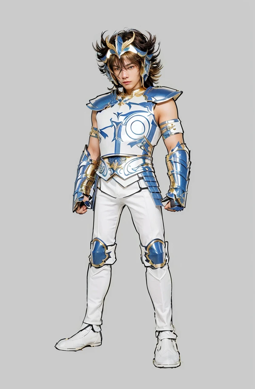 Ultra-high saturation, (tmasterpiece), full body photo, (best quality), (1 handsome man), starry sky background, Wearing shiny gold armor, armor type armor shows details of your muscles, showing the belt, showing the armor thigh protector, cool pose, Saint Seiya Armor, messy hair, high detail, Anime style, Cinematic lighting, Glitter, god light, Ray traching, filmgrain, hyper HD, skin texture, super detail, Anatomically correct, High resolution, Saturation ultra-high, High contrast, High-shiny green armor, Smooth skin, Serious expression, messy hair