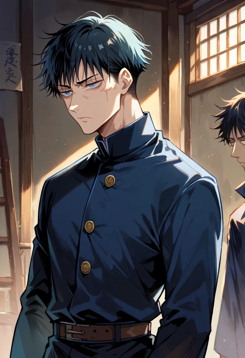boy, JUJUTSU KAİSEN, megumi, Bblack hair, blue colored eyes, tired look, black uniform
