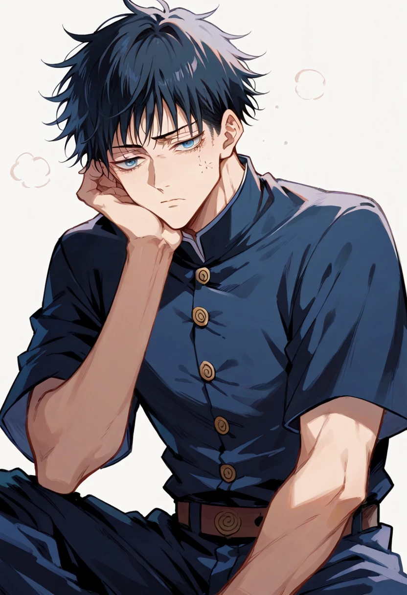 boy, JUJUTSU KAİSEN, megumi, Bblack hair, blue colored eyes, tired look, black uniform