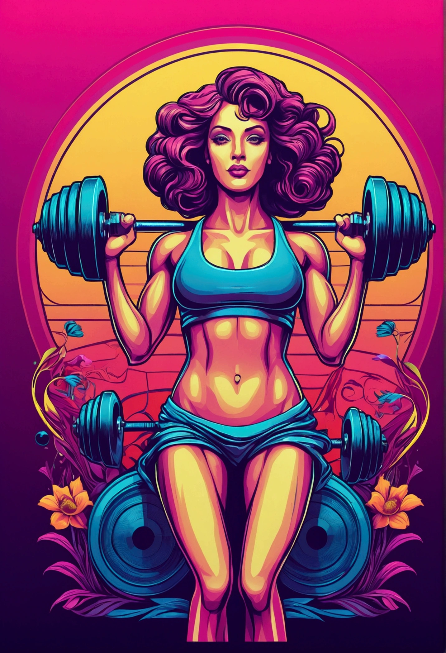 /imagine prompt: Dumbbells, Art Nouveau, vector art, vibrant colors, surrealism, synthwave:: t-shirt vector, center composition graphic design, plain background::2 mockup::-2 --upbeta --ar 1:1