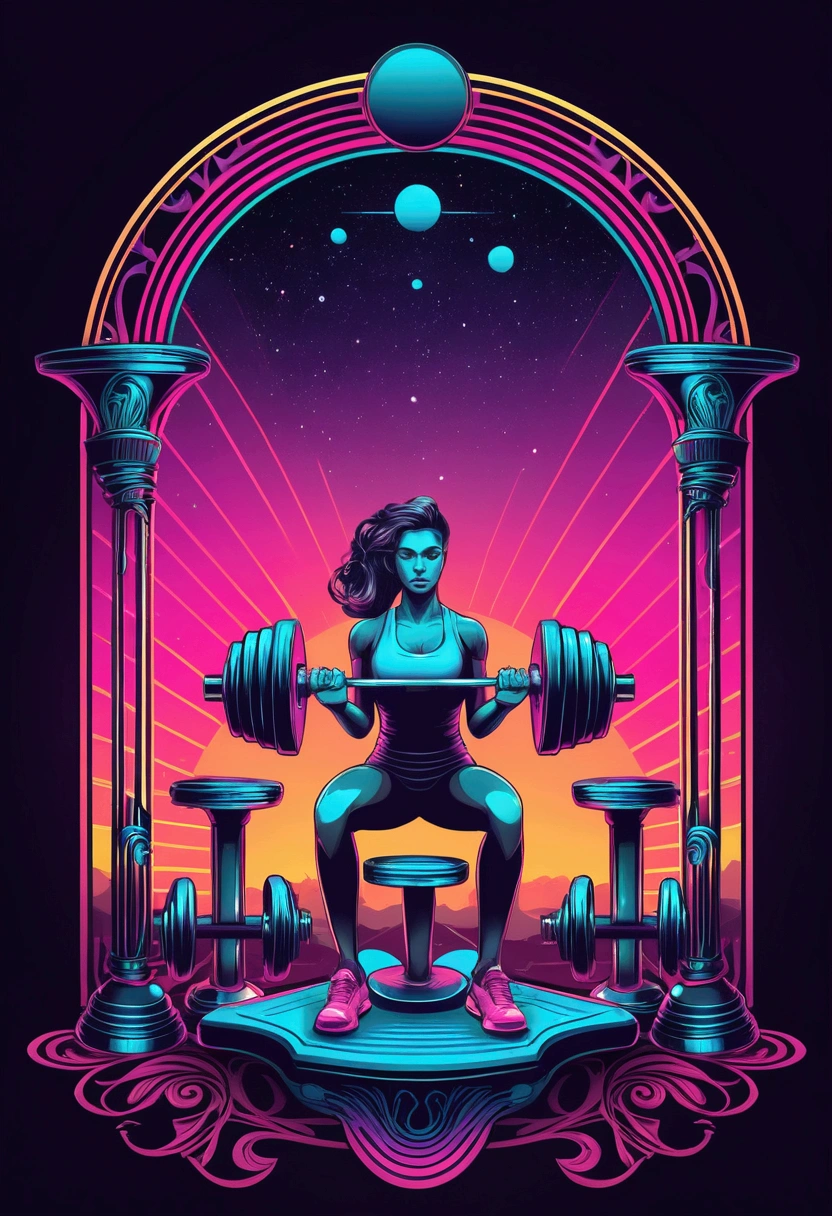 /imagine prompt: Dumbbells, Art Nouveau, vector art, vibrant colors, surrealism, synthwave:: t-shirt vector, center composition graphic design, plain background::2 mockup::-2 --upbeta --ar 1:1
