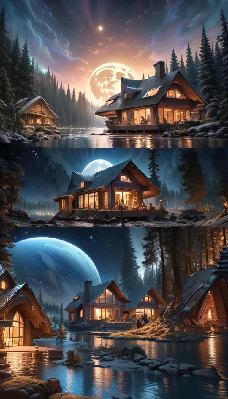fantastic house, magic house, futuristic stone house, lake, forest, magic, fantastic, night sky, moon, stars, (best quality,4k,8k,highres,masterpiece:1.2),ultra-detailed,(realistic,photorealistic,photo-realistic:1.37),oil painting,Bill Sienkiewicz art style,dramatic lighting,vibrant colors,atmospheric,cinematic composition