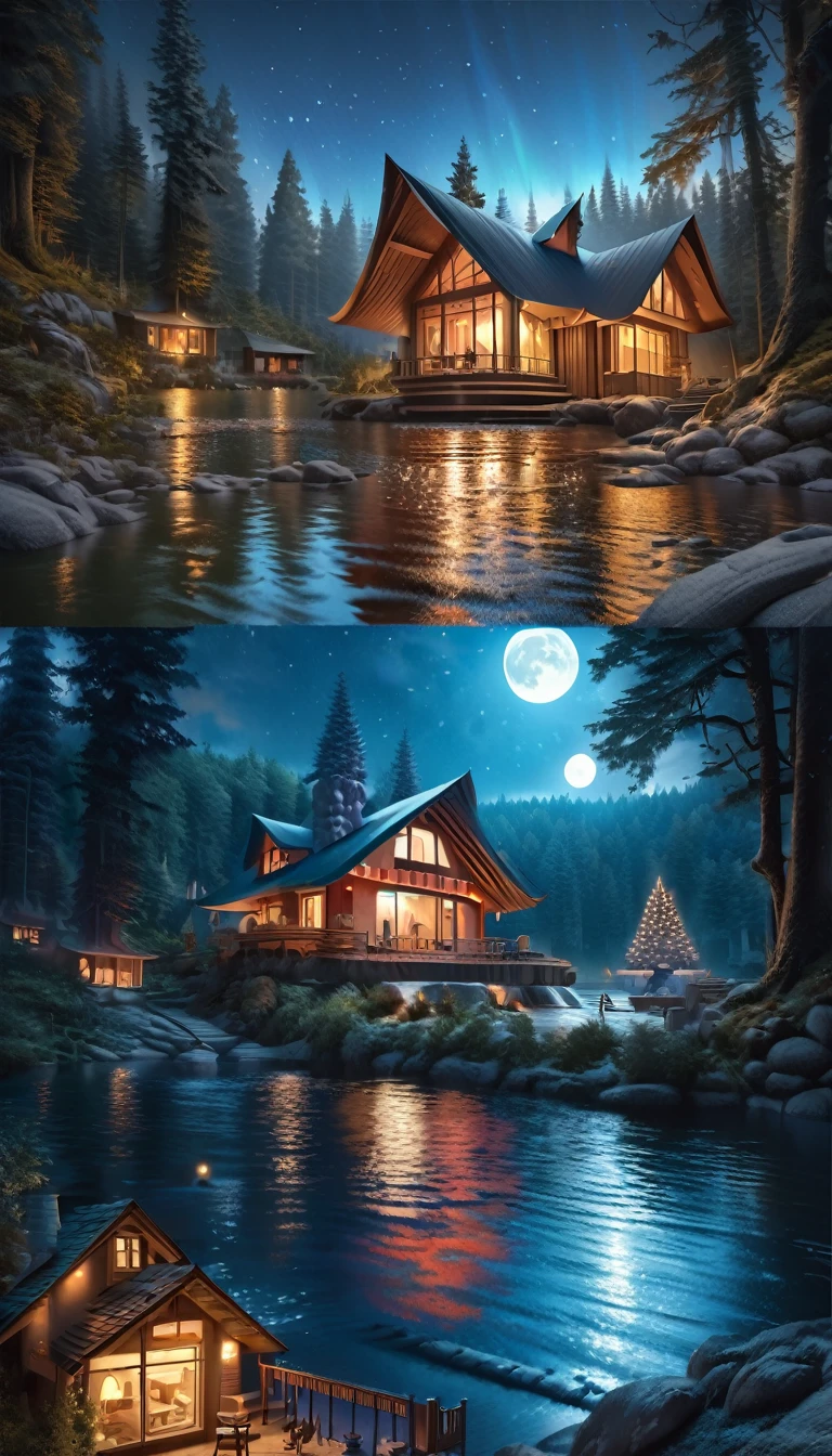 fantastic house, magic house, futuristic stone house, lake, forest, magic, fantastic, night sky, moon, stars, (best quality,4k,8k,highres,masterpiece:1.2),ultra-detailed,(realistic,photorealistic,photo-realistic:1.37),oil painting,Bill Sienkiewicz art style,dramatic lighting,vibrant colors,atmospheric,cinematic composition