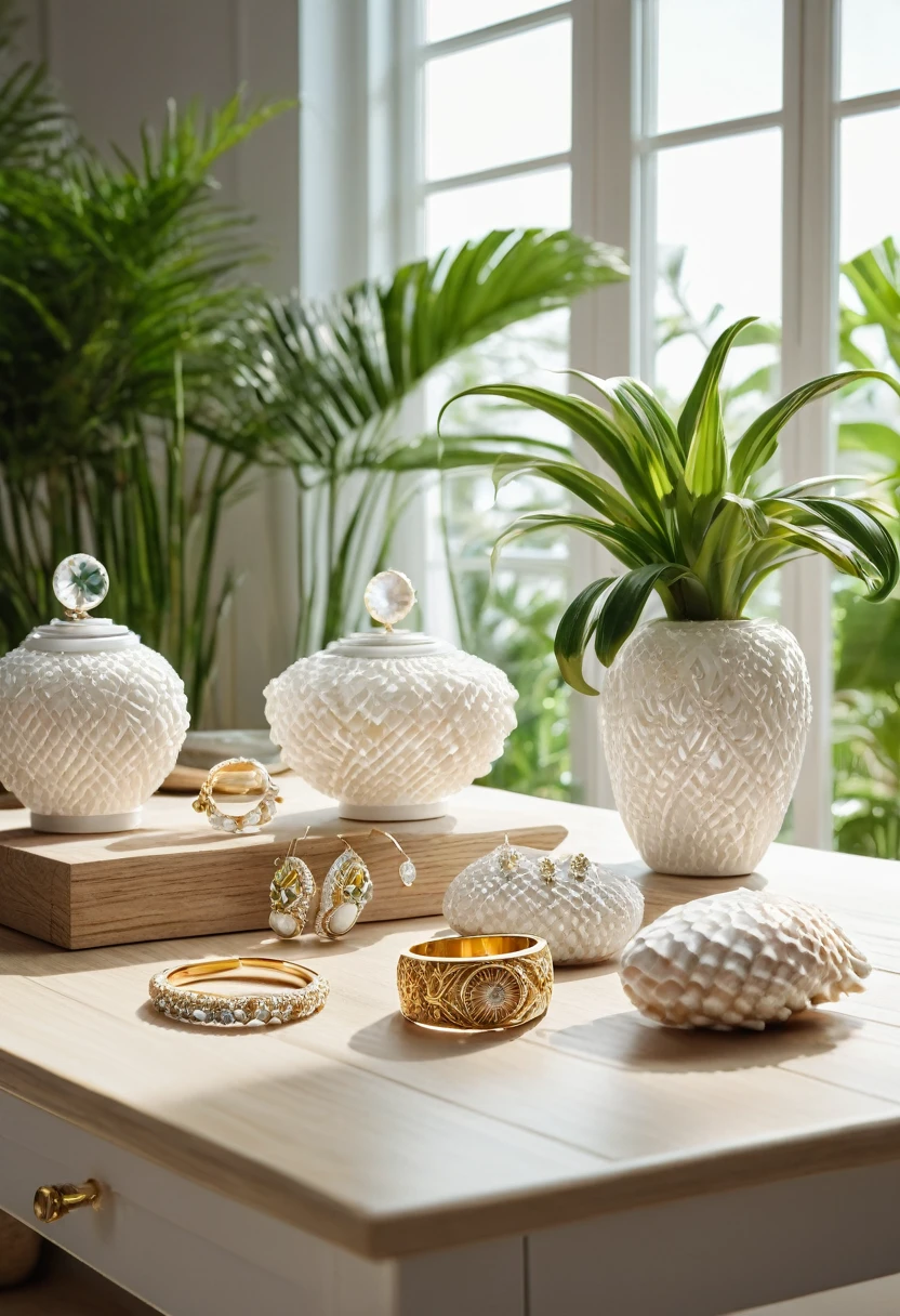A beautiful white exotic shell shop, rings and earrings displayed on a wooden table with lush green plants, White seats, mirror, White cabinet, set against a large window with natural lighting, (best quality,4k,8k,highres,masterpiece:1.2),ultra-detailed,(realistic,photorealistic,photo-realistic:1.37),detailed jewelry, highly detailed plants, detailed wood texture, dramatic studio lighting, natural lighting, warm color tones, soft focus, elegant, luxury