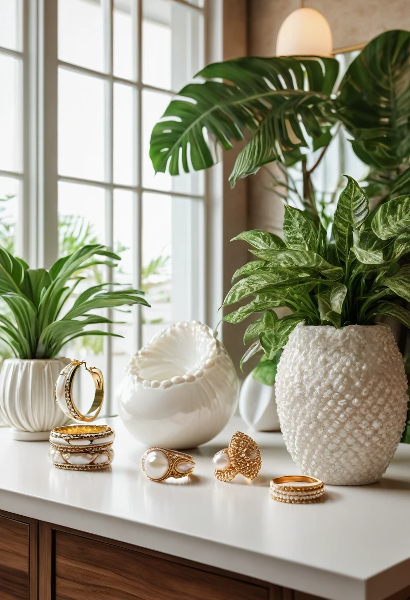 A beautiful white exotic shell shop, rings and earrings displayed on a wooden table with lush green plants, White seats, mirror, White cabinet, set against a large window with natural lighting, (best quality,4k,8k,highres,masterpiece:1.2),ultra-detailed,(realistic,photorealistic,photo-realistic:1.37),detailed jewelry, highly detailed plants, detailed wood texture, dramatic studio lighting, natural lighting, warm color tones, soft focus, elegant, luxury