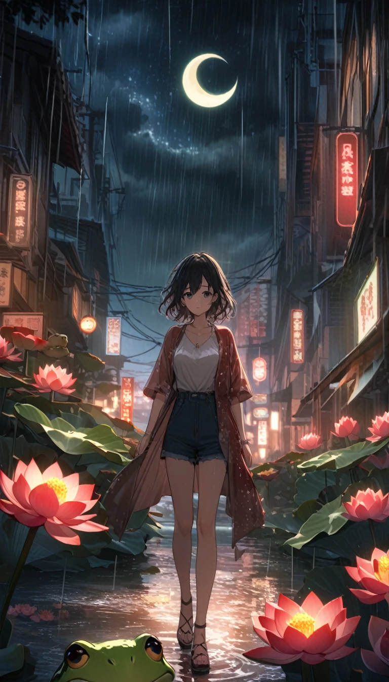 night, Only moonlight illuminates, Crescent Moon, Distant Mountain々, Beautiful large lotus flower nearby, Big red lotus, There is a water supply next to, frog, Summer is full of joy, Crescent Moon in the sky mixed with stars, Awesome Wallpapers, rainy night, rainy night, Beautiful and beautiful, movie, Attention to detail ((downpour))), 8k