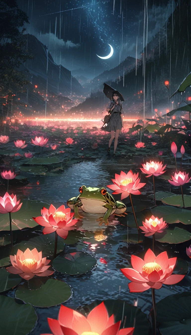 night, Only moonlight illuminates, Crescent Moon, Distant Mountain々, Beautiful large lotus flower nearby, Big red lotus, There is a water supply next to, frog, Summer is full of joy, Crescent Moon in the sky mixed with stars, Awesome Wallpapers, rainy night, rainy night, Beautiful and beautiful, movie, Attention to detail ((downpour))), 8k