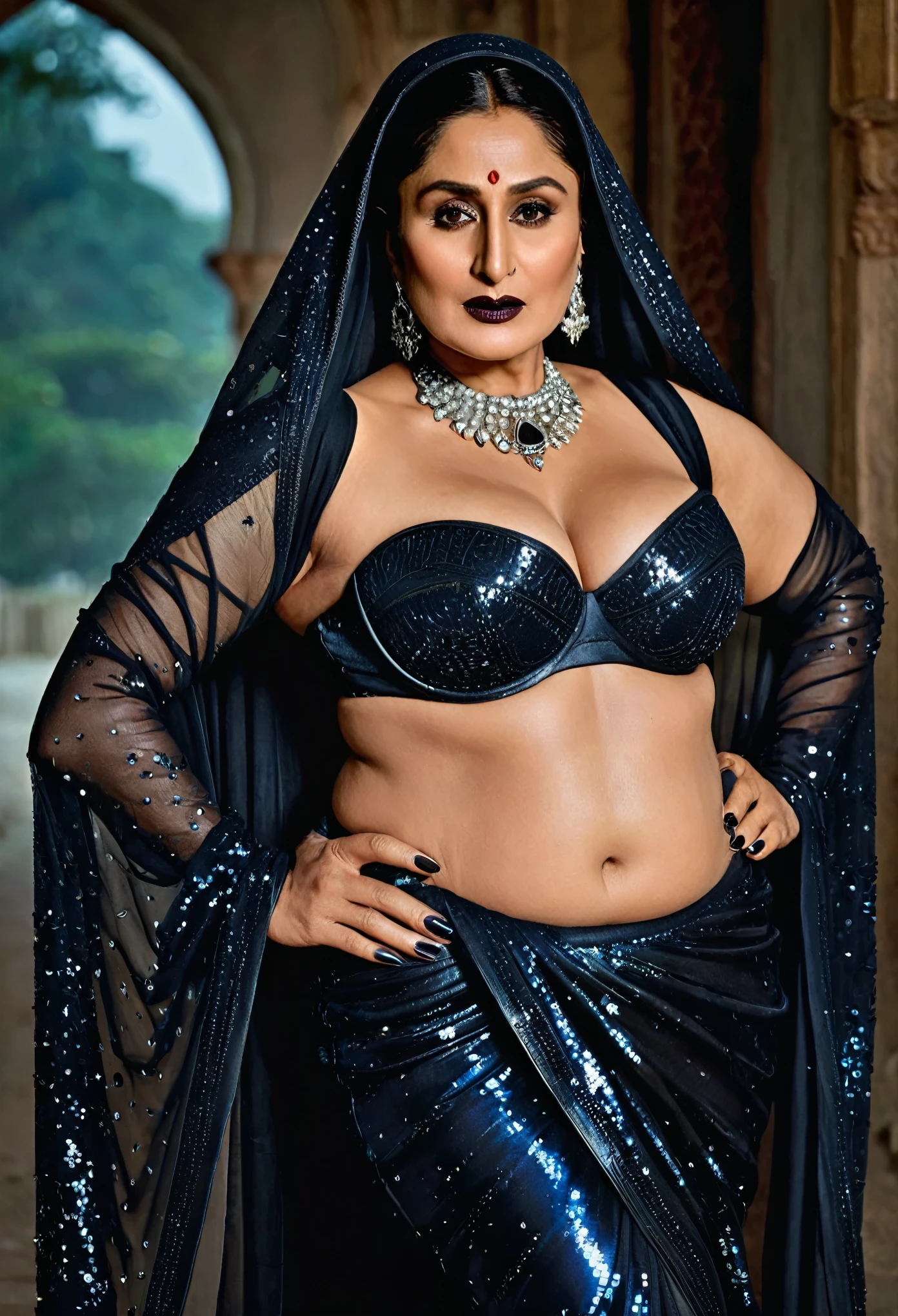 Looks like Kareena Kapoor khan, Big chubby aunty, milf, cougar lady witch, horny Gothic milf,  70 years old gorgeous mature lady, pervert demoness, demoness of lust, curvy, black lips, horny face, extremely gorgeous, thick figure, heavy physique, voluptuous, curvy, sexy figure, Fashionable portrait of androgynous alien looking witch wearing veil, glowing eyes, futuristic design, minimal details, givenchy, photoreal, 200mm, hd, f/ 2.0, highly detailed, surreal, sexy beautiful evil woman, sexy bold sequin Saree with strapless Bra, chudail, Pishachini, horror genre, blood-thirsty enchantress, powerful female spirit, eerie, drop dead, in the style of red and blue, (intricate details, hyperdetailed:1.15) (skin texture:1.2), dark Moody tone, cinematic lighting, haunted place in background, 