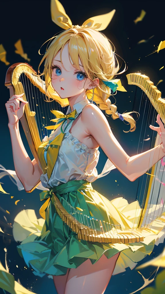 Highest quality, Very detailedな, Highest quality, Very detailed, beautiful, masterpiece, 8k,
(Picnic 1.5),Breaking colorful background, Refraction Glowing white lines ,Crossing Light,Woman with broken light particles, blonde, Long Hair, Braiding, (Hair Ribbon :1.2) , Green ribbon, Ribbon in hair, blue eyes, Very detailed目,one piece,(harp:1.5)
(great joy;1.5), (Open your mouth:1.2) ,(Droopy eyes:1.1), (Gazing at the audience:1.5), ,(Ecstasy:1.3) ,(Vulgarity:1.3),(Wet:0.8),(Drooling:0.6),(Sweat:0.8),Browsing Caution,