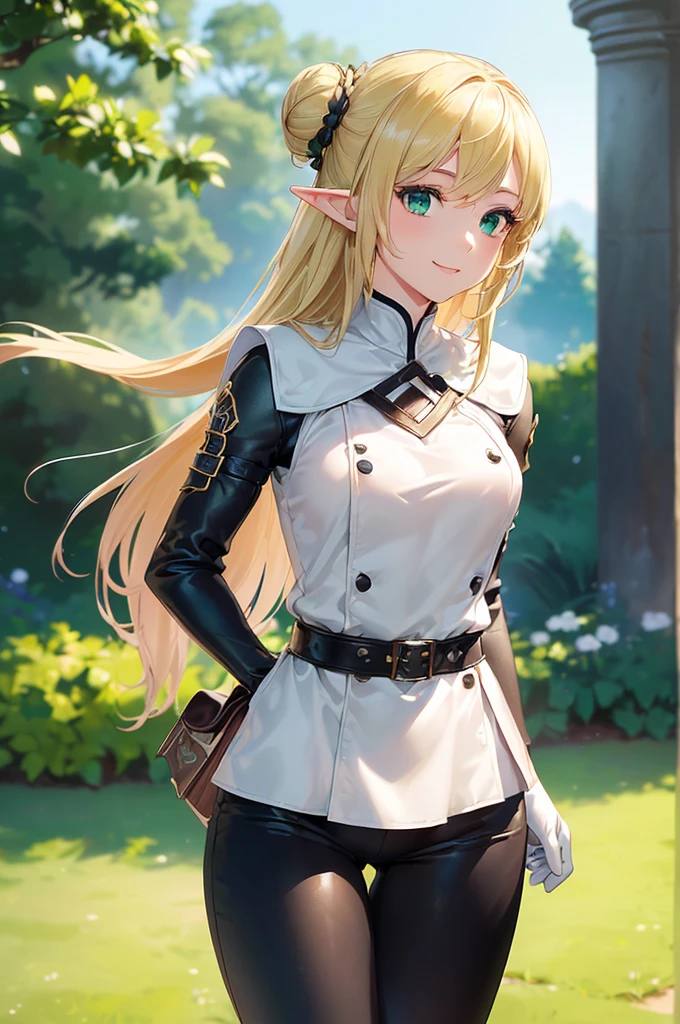 (((masterpiece; best quality: 1.2))), (finely detailed eyes: 1.3), (25 year old elf woman), (solo), (green eyes: 1.4), (body; buxom, fit, femenine: 1.3), (silky blonde hair in a bun: 1.3), (beautiful and clear background: 1.2), ((depth of field)), (equipment: adventurer attire + modest + long white tunic + black cape + black pants + gloves + belt + pouches: 1.3), (anime illustration: 1.2), (background composition; royal garden: 1.1), (extremely fine and beautiful: 1.1), (shot composition; standing + centered on torso + close-up: 1.5), (expression; calm, smile: 1.2)
