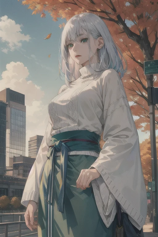 japan, highres, highest quallity, illustration, ultra detailed, (detailed face), (detailed eyes), soft lighting, best quality, hazy glow, dreamy atmosphere, hyper detailed, masterpiece, 1girl, solo, silver hair, green eyes, knitwear, luminous eyes, medium breasts, (colorful), cowboy shot, from below, outdoors, morning, clouds, tall buildings in background, industrial, public transportation, urban, concrete buildings, concrete, sidewalk, busy, trees, autumn, falling leaves,