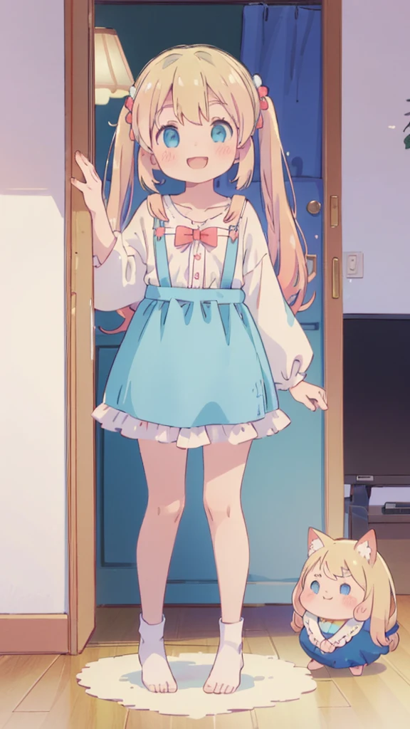 ((masterpiece))((Highest quality))girl、smile、blush、Flat Chest、Are thin、Blonde Hair、blush、Are standing、Whole body image、Eye level to the feet、front、No background、真frontのアングル、Blue clothes、Two-tone red and blue hair、Twin tails、Red Alice outfit