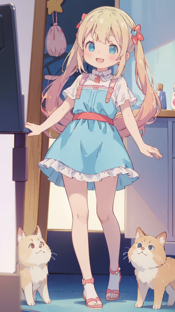 ((masterpiece))((Highest quality))girl、smile、blush、Flat Chest、Are thin、Blonde Hair、blush、Are standing、Whole body image、Eye level to the feet、front、No background、真frontのアングル、Blue clothes、Two-tone red and blue hair、Twin tails、Red Alice outfit