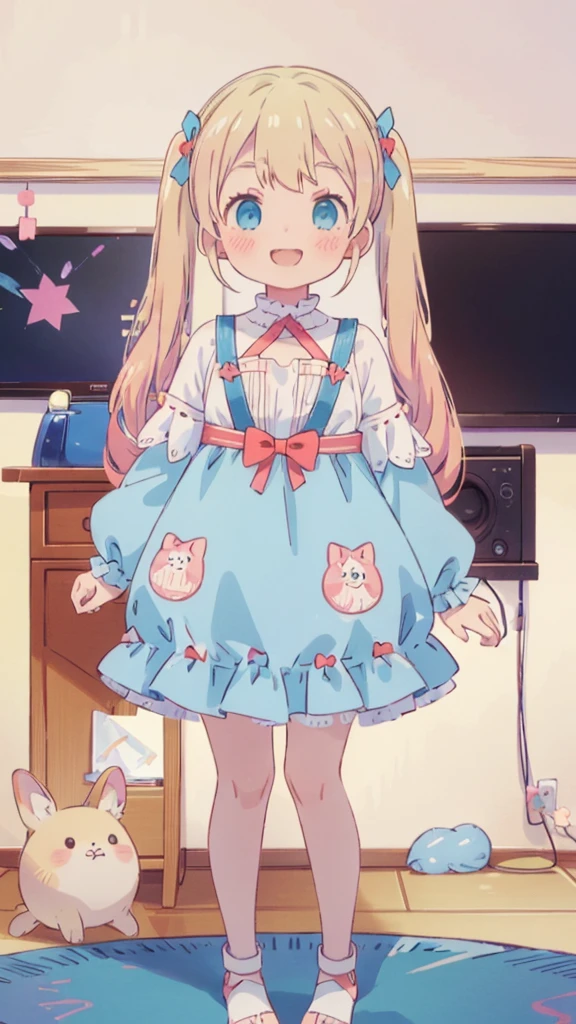 ((masterpiece))((Highest quality))girl、smile、blush、Flat Chest、Are thin、Blonde Hair、blush、Are standing、Whole body image、Eye level to the feet、front、No background、真frontのアングル、Blue clothes、Two-tone red and blue hair、Twin tails、Red Alice outfit