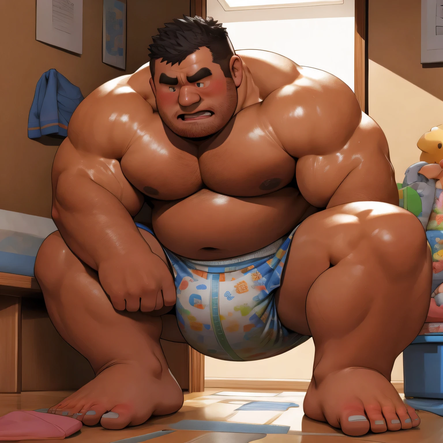 masterpiece, Top quality, in 32K, perfect anatomy, hyper detailed, super fine illustration, The thick man is a brutal prisoner, retarded, hairy, human, 50yo in japan, (fatness: 1.0), Fatty muscle, Bowleg, disappointment, incontinent, be diaper check by children, There is a small puddle under him, Naked, short legs, Bowleg, spread legs, wear a White cloth Diaper, Bare belly, Bare legs, Bare foots, Bare soles, Shirtless, wide forehead and short thinning hair, Man with round  face with stubble, Bare foots, Bare soles, shy, sissy, Weaker than children, Drool, Round face, He enters nursery school and is despised by children, He is made to stand attention in the corner of the playroom, corner time, He surrounded by children, Bare foots, big butt, White Diaper, sobbing, There is a small puddle under him