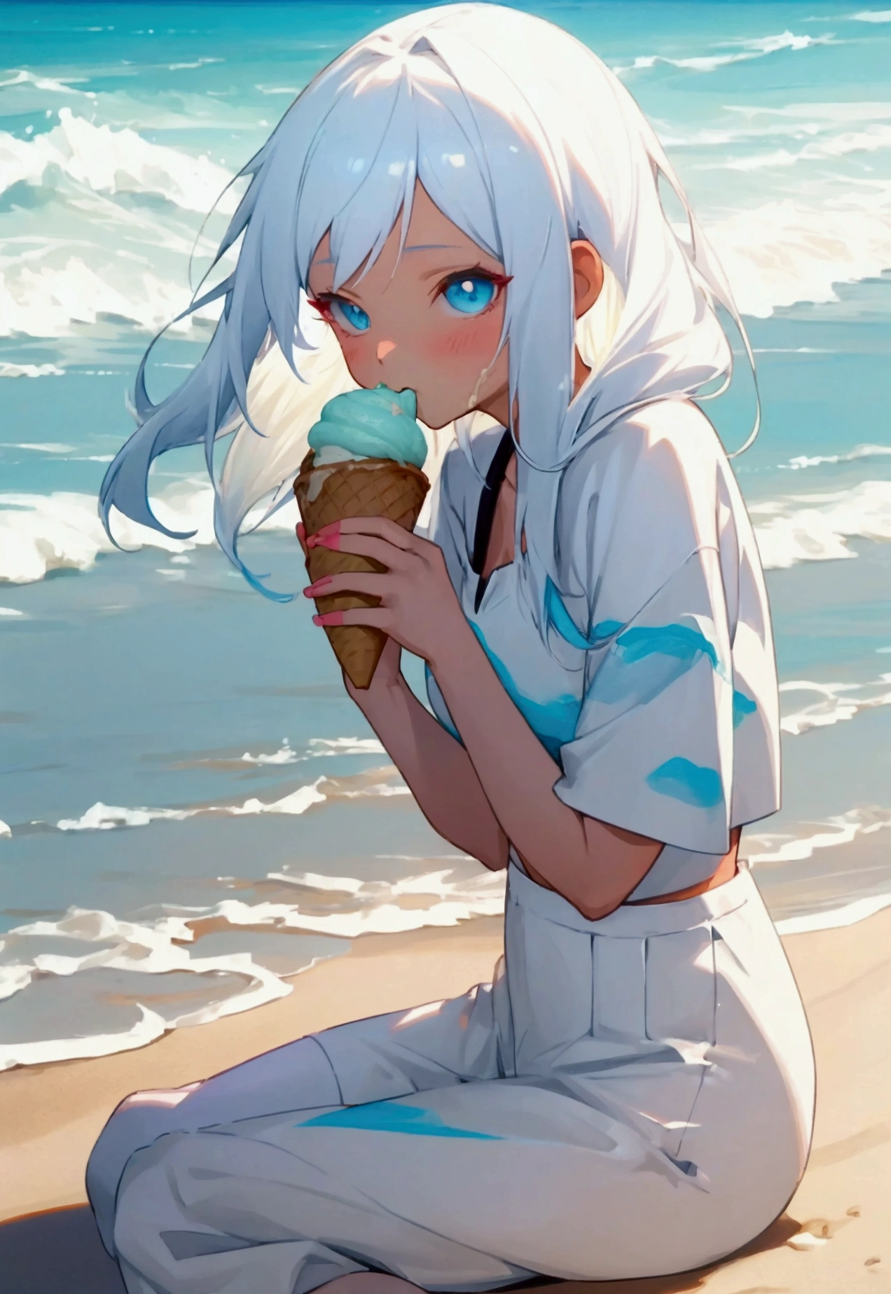 anime girl, white hair, eating ice cream, beach, summer day, low camera angle,cinematic lighting, vibrant colors