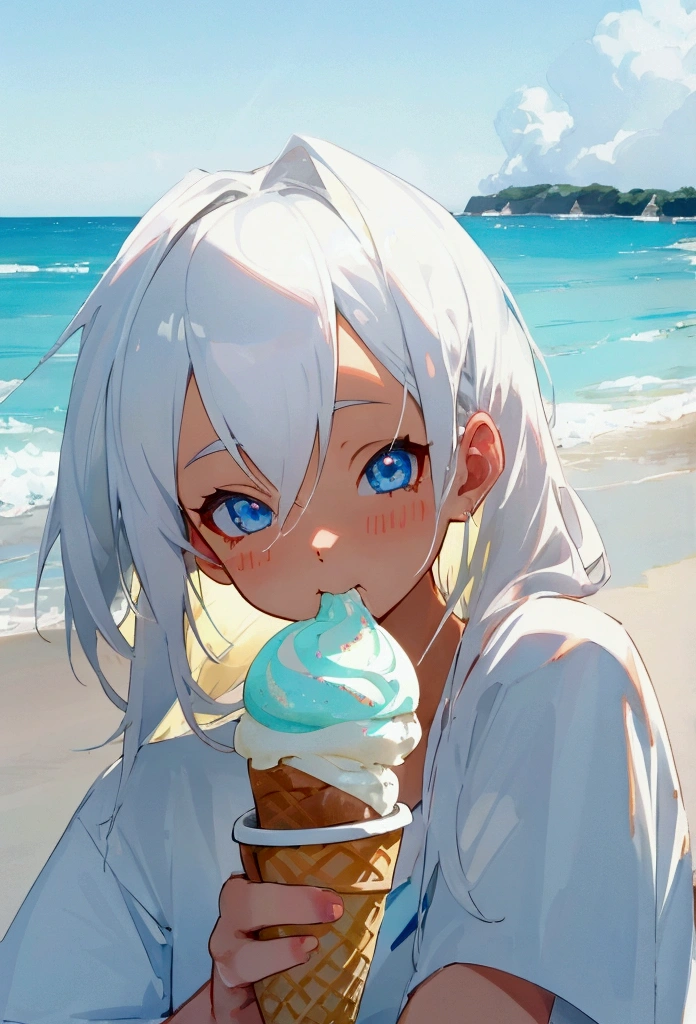 anime girl, white hair, bikini sexy thong, eating ice cream, beach, summer day, low camera angle thigh up shot, landscape, cinematic lighting, vibrant colors