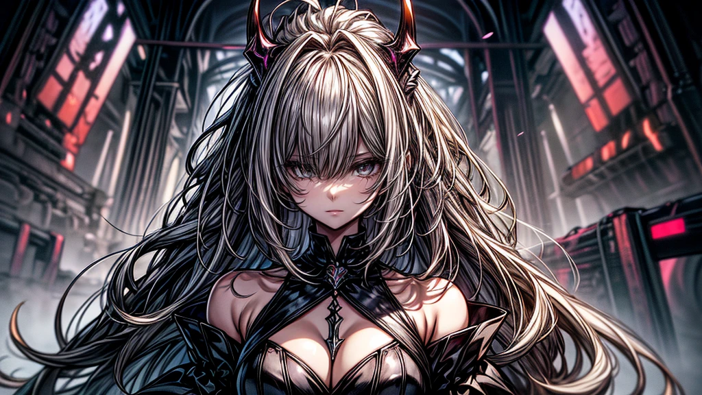 1girl, bangs, long hair, messy hair, gradient_eyes, diamond-shaped pupils, demon girl, royal type shoulder off dress, Conceptual art, masterpiece, super detail, high details, high quality, best quality, highres