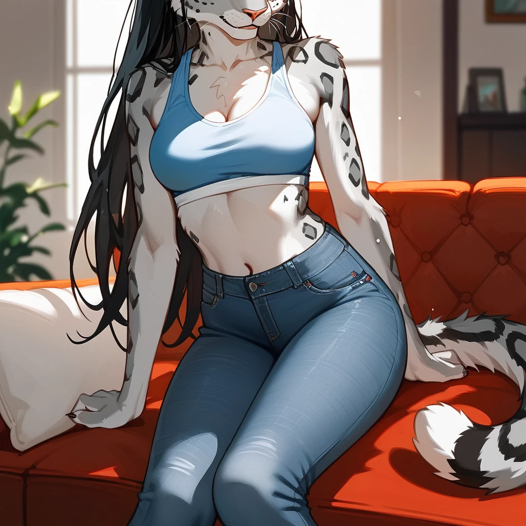 by Zackary911, kenket, kilinah, Zackary911, spread legs, shiny skin, looking at the viewer, goth makeup, eyeliner, eye-shadow, (furry:1.5), (anthro:1.2), lynx, female lynx, anthropomorphic lynx female,  muscular abs, shinny skin, blue hair, blue eyes, goth short top dress, ((black micro-thong, skull pattern design on thong, cameltoe)) , long hair, hands_behind_back,