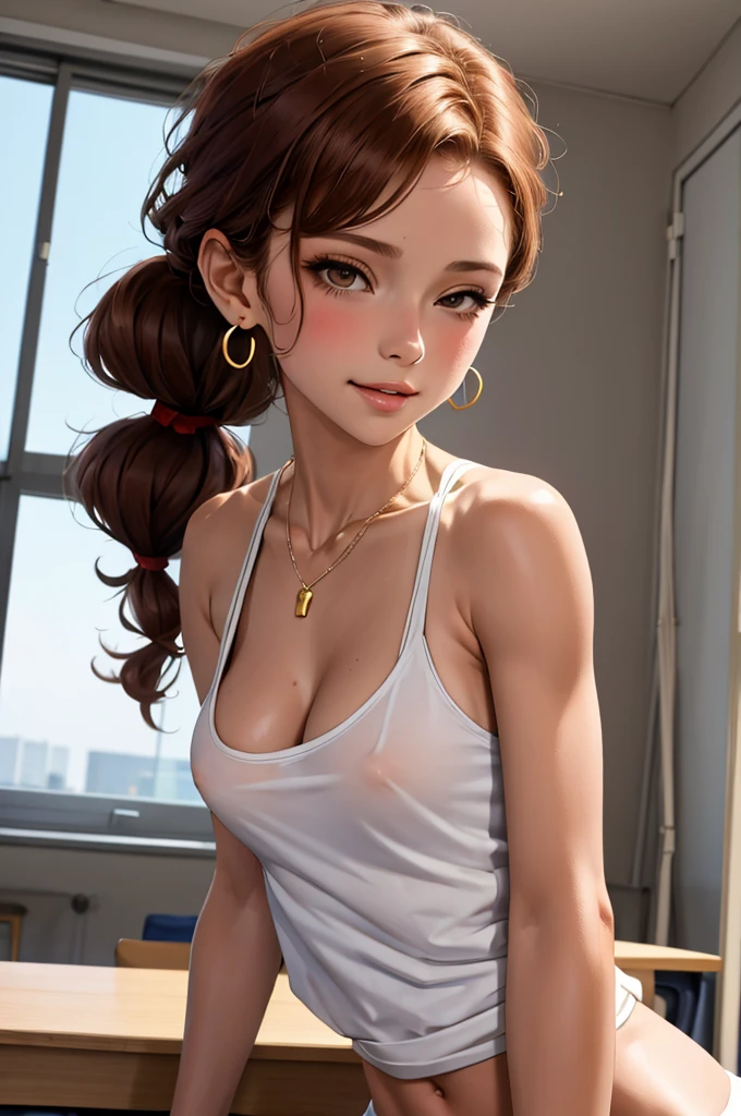 (masterpiece, best quality), 1girl, solo, brown  hair, curly hair, large breasts, pale skin, sitting, upper body, looking at viewer, elbow rest, parted lips, seductive smile, sexually suggestive, cleavage, mascara, necklace, bangle, earrings, teacher, milf, 36 year old mature woman, slender woman, tshirt, teacher, tight jeans, classroom, white boardhair tied back in loose ponytail, tiny , leaning over desk, eyes half closed, tanktop, squiting, arms extended outward, about to kiss viewer, leaning forward on students desk, hard nipples poking through tanktop, high leg panties, breasts almost falling out of tanktop, off shoulder top, tanktop falling off one shpulder