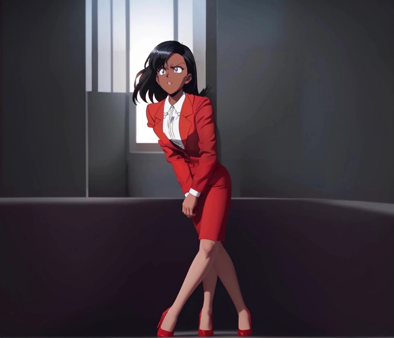 90s anime Evil black skinned business woman in a red suit and  red skirt and red heels and long red sleeves 