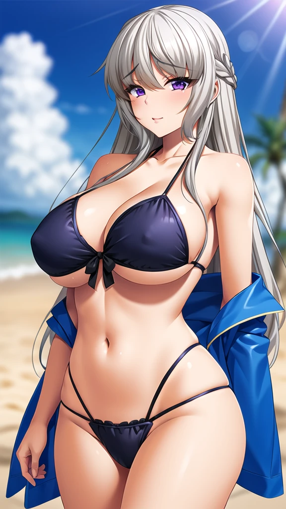 Purple Eyes、Long Hair、Silver Hair、(1 girl)、anime - style image of a woman in a bikini on the beach, , realistic bikini, at the beach, bikini armor, on a sunny beach, in the beach, is wearing a swimsuit, at the sea, bikini-armor, biomechanical oppai, at a beach, oppai proportions, [ 4 k digital art ]!!