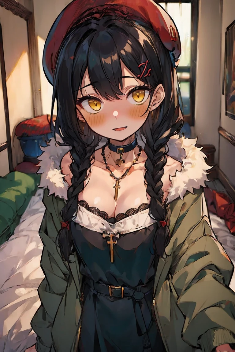 (masterpiece:1.2), (high quality:1.2), (hui xiyi:0.7), rekkyo sensen, rekkyou sensen, girls with((1girl, solo, black hair, yellow eyes, (wavy long hair, wearing a red millitary beret, braids, hairclips:1.55), blush, breasts, choker, cleavage, coat, cowboy shot, navy lace dress, ribbon waist belt, collar, collarbone, rosary, rosary choker, cross, fur, fur trim, parka, khaki hoodie, green hoodie, hood down, hooded coat, hooded jacket, hoodie, jacket, large breasts, long sleeves, medium breasts, open clothes, open coat,open hoodie, sleeveless, winter clothes, zipper, cleavage, upper body, hand up, waving, palm)), background with((bedroom, room:2.0))