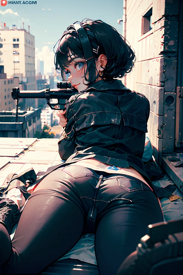 1girl, from behind, sniper, afb-lora, holding rifle, aiming, (sniper rifle), scope, 50Caliber, lying on stomach, ass focus, on roof, office block, city center, holding sniper