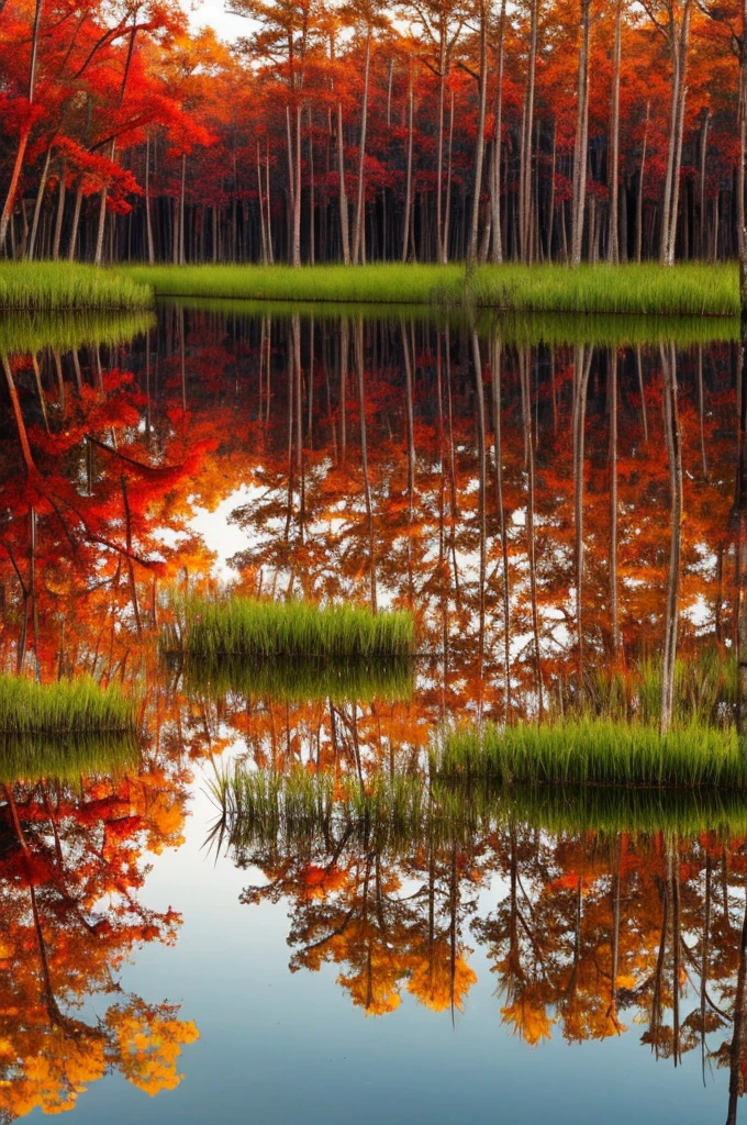 trees in a swamp with red leaves reflected in water, swamps, cypress trees, water reflection!!!!!, louisiana swamps, red reflections, swamp forest, scene from louisiana swamps, incredible reflections, amazing color photograph, image full of reflections, eerie colors, water reflections, water mirrored water, floating trees, full of reflections, bayou, muted fall colors