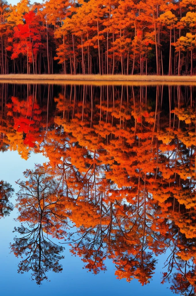 trees in a swamp with red leaves reflected in water, swamps, cypress trees, water reflection!!!!!, louisiana swamps, red reflections, swamp forest, scene from louisiana swamps, incredible reflections, amazing color photograph, image full of reflections, eerie colors, water reflections, water mirrored water, floating trees, full of reflections, bayou, muted fall colors