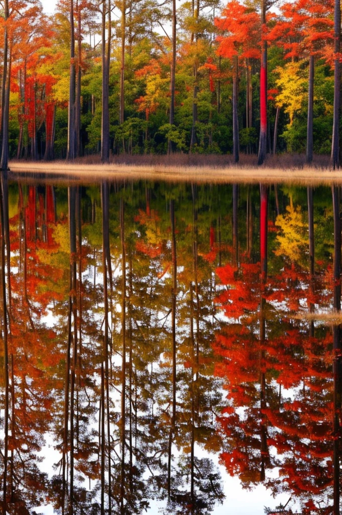 trees in a swamp with red leaves reflected in water, swamps, cypress trees, water reflection!!!!!, louisiana swamps, red reflections, swamp forest, scene from louisiana swamps, incredible reflections, amazing color photograph, image full of reflections, eerie colors, water reflections, water mirrored water, floating trees, full of reflections, bayou, muted fall colors
