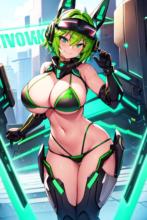 1girl, large breasts, breasts, wide hips, green hair, highleg bikini, bikini, black bikini, smirk, smile, futuristic, science-fiction, tech, neon trim, machinery, short hair, headset, helmet, head-mounted device, mind control, hypnosis, covered eyes, vr visors, vr visor