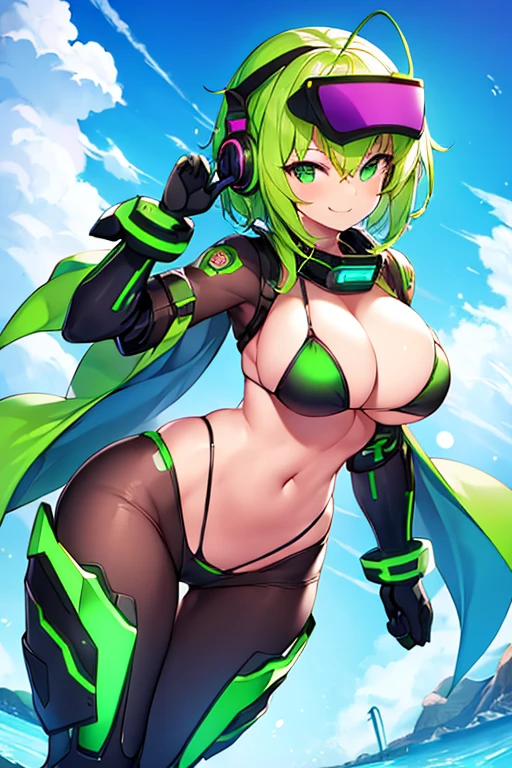 1girl, large breasts, breasts, wide hips, green hair, highleg bikini, bikini, black bikini, smirk, smile, futuristic, science-fiction, tech, neon trim, machinery, short hair, headset, helmet, head-mounted device, mind control, hypnosis, covered eyes, vr visors, vr visor