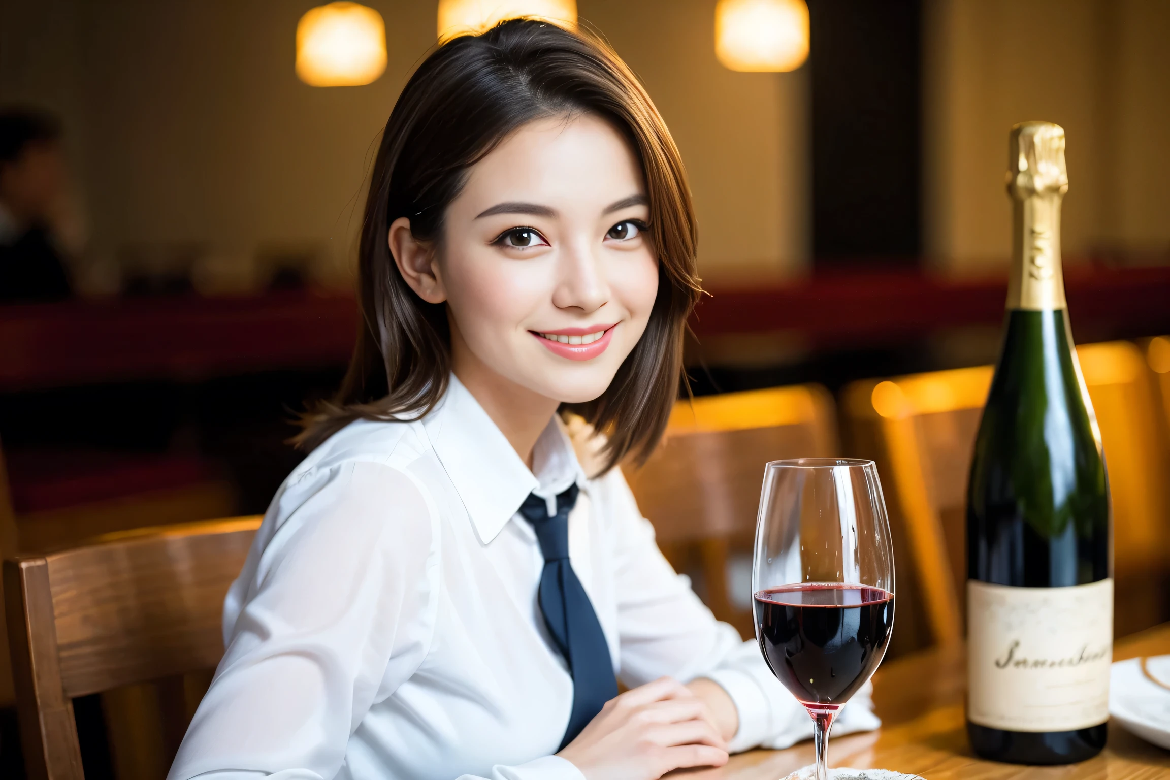 ((Highest quality、8k、masterpiece:1.3))、、(Realistic, Intricate details:1.2), full-course dinner、Wine Party、Amazing view of the sunset sky and clouds、A bright smile、The wonderfulness of smile、Bright image、The beauty of wine, Beautiful Face, blue eyes, The light shines on your face, Blushing, short hair,Bright Face、 (Age 20), 20 years old, red wine 、Appetizers、Italian food、Wine bottle、champagne、sparkling wine、Two beauties、Brown Hair、Shortcuts、Long sleeve shirt、dress、Beautiful woman 1, (Slim face), (The body is slim), (Brown Hair), (Shortcuts), cheeks turn a little red,Attractive beauty、restaurant, In a prominent place (From the waist up) Nova Frog Style, actress, model, Upper Body, White wine, slim, wine glass, A wine glass placed in the center, smile, (smile: 1.15), Beautiful fine grain, Depth f/2,saturation, High Contrast, Strong light and shadow,Moist Body:1.5、3D texture、Delicate eyes、Brown Hair、The hair is very shiny、