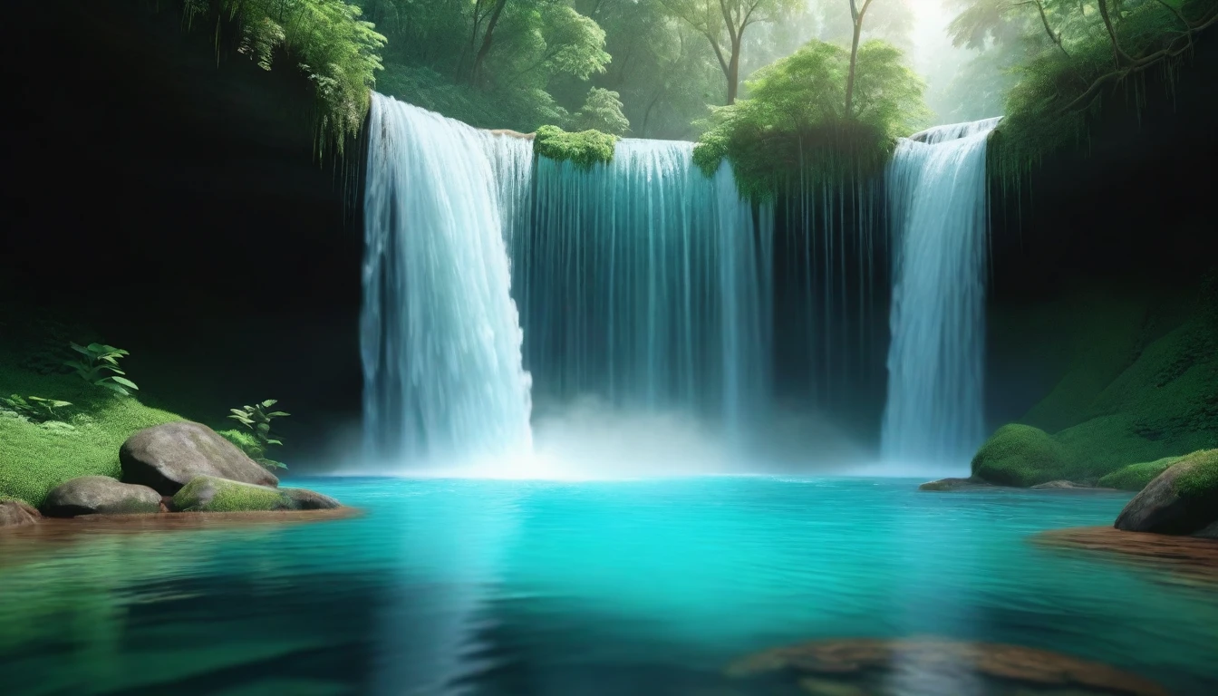 Human kidneys highlighted, with a stream of crystal clear water passing through them, cleansing them. In the background, a serene waterfall in a lush forest. Realistic style with smooth transition between anatomy and nature, high definition, realistic style, cinematic style, soft colors. Photorealism style, high resolution, 8k
