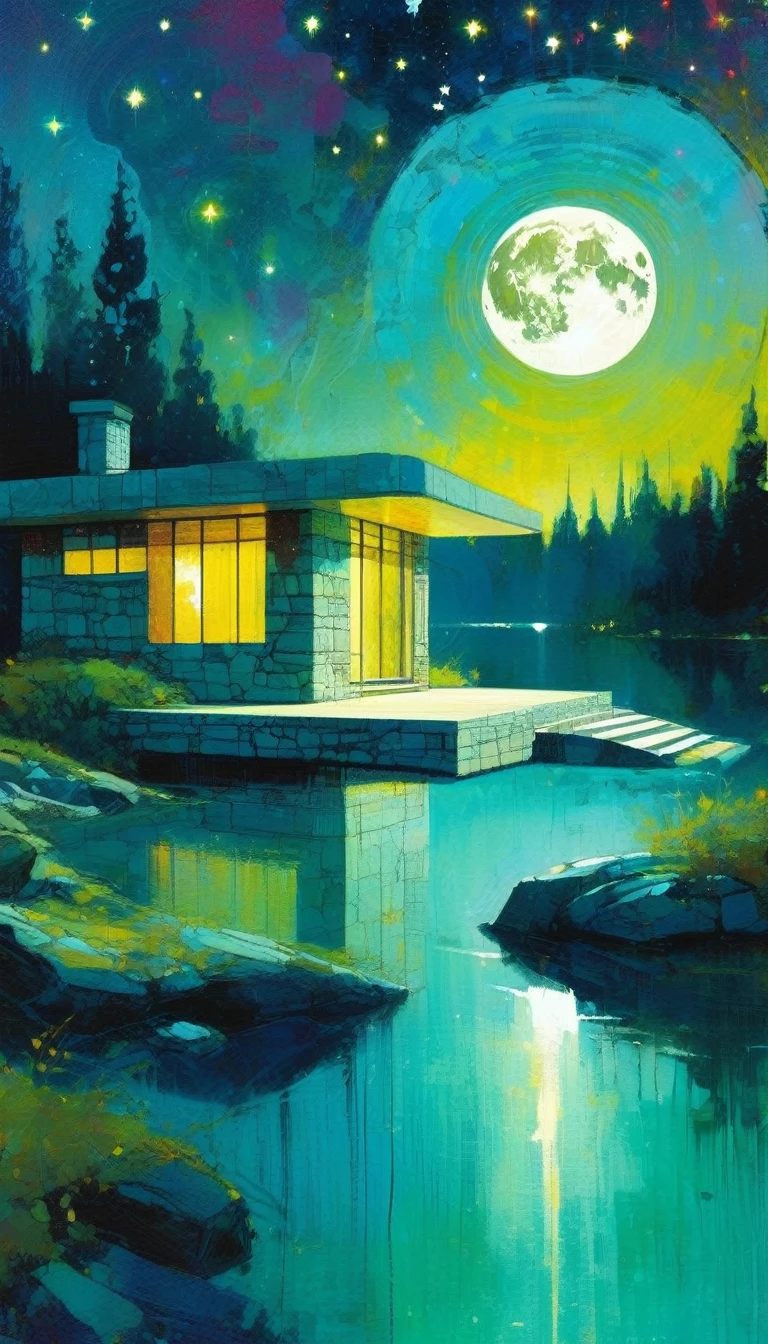fantastic house, magic house, futuristic stone house, a lake, forest, magic, fantastic, night sky, moon, stars, background, , (simple oil painting in a style to Bill Sienkiewicz)
