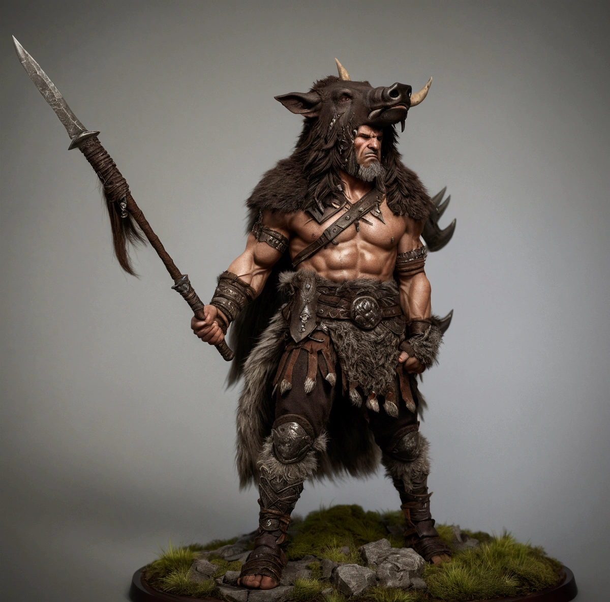 Berserker barbarian wearing boar skin: ultra realistic and detailed