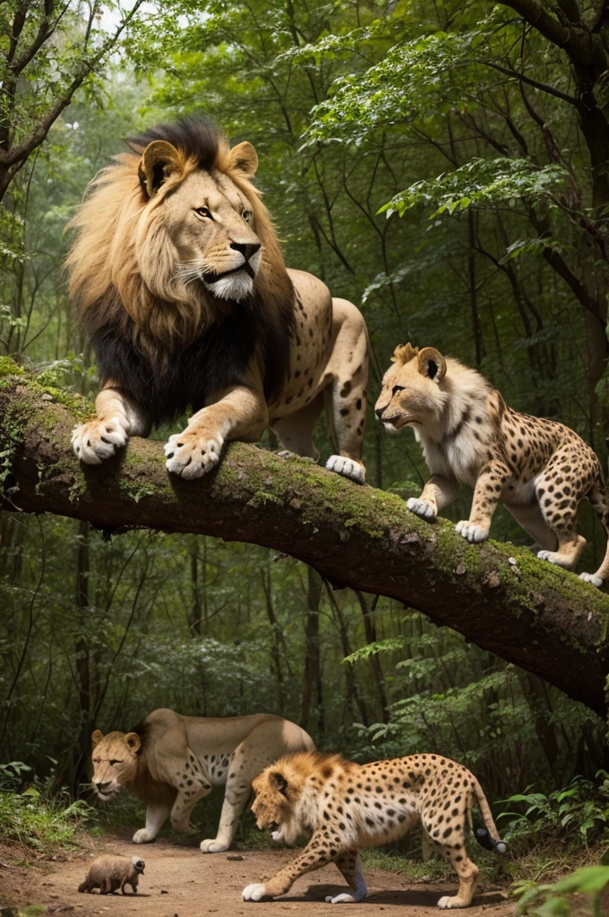 Lion in a forest with hyena ,monkey and parrot all friends