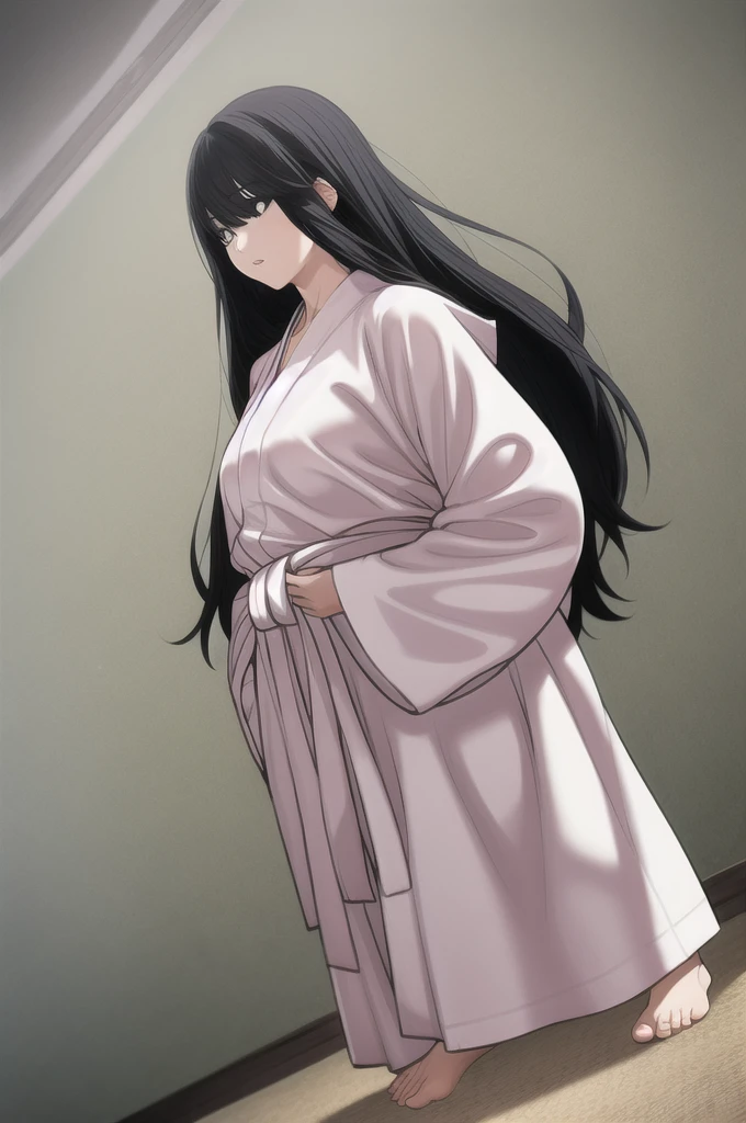 (masterpiece, best quality), kim sujin, black eyes, black hair, long hair, medium breasts, white judogi, long sleeves, barefoot, standing,