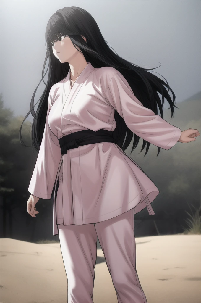 (masterpiece, best quality), kim sujin, black eyes, black hair, long hair, medium breasts, white judogi, long sleeves, barefoot, standing, 
