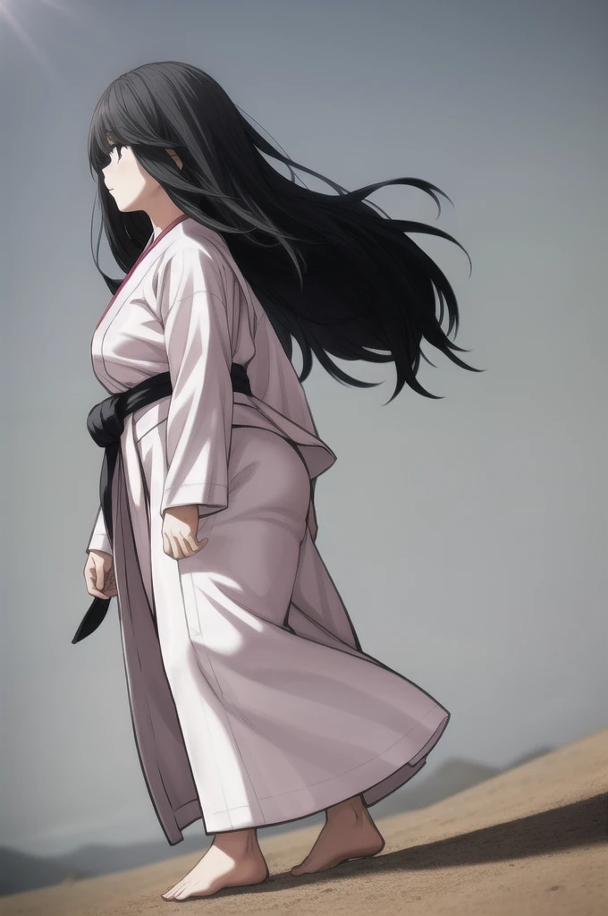 (masterpiece, best quality), kim sujin, black eyes, black hair, long hair, medium breasts, white judogi, long sleeves, barefoot, standing, 
