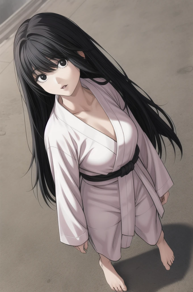 (masterpiece, best quality), kim sujin, black eyes, black hair, long hair, medium breasts, white judogi, long sleeves, barefoot, standing, 
