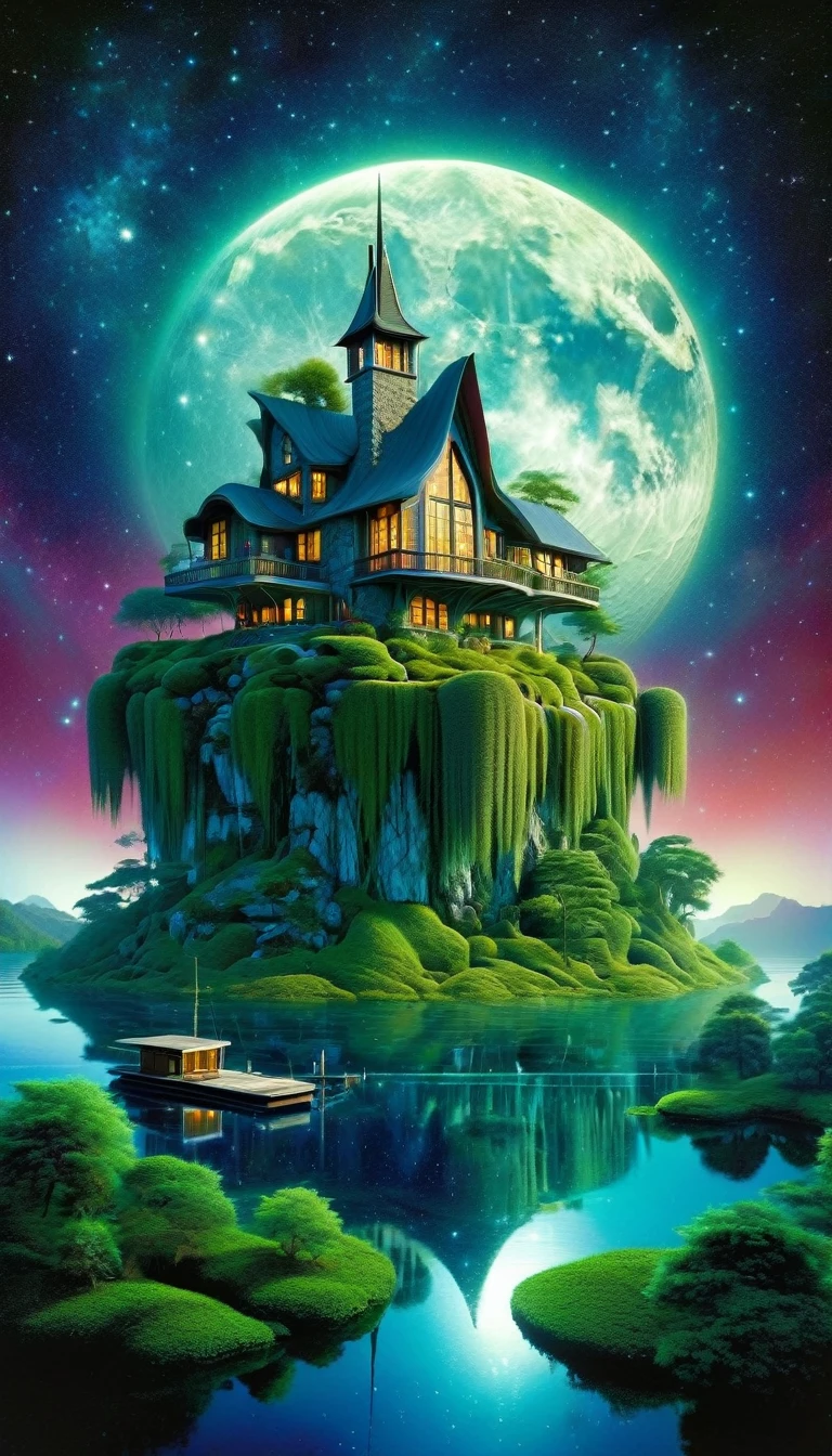 A fantastic futuristic stone house by a lake, surrounded by a dark forest, under a magical night sky with a full moon and twinkling stars, (best quality,8k,highres,masterpiece:1.2),ultra-detailed,(realistic,photorealistic,photo-realistic:1.37),oil painting in the style of Bill Sienkiewicz,dramatic lighting,glowing windows,reflections on the lake,detailed textures,lush vegetation,floating islands,surreal atmosphere,fantasy landscape