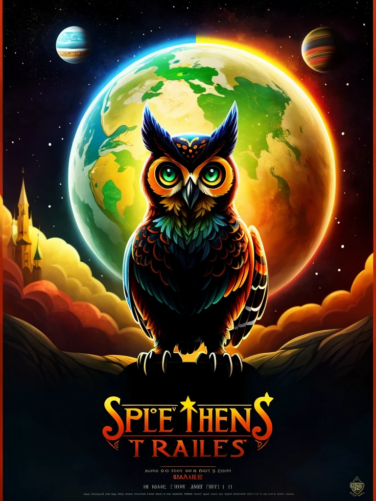 **Poster Description for "Waldkauz Spirits"**

---

**Top Part of the Poster:**

- **Background Color:** Black
- **Image:** Stylized Owl
  - **Details:** Vaguely visible eyes, beak, and outline of the facial shape
  - **Color Theme:** Warm red-orange

---

**Title:**

- **Text:** Waldkauz Spirits
  - **Font:** Antiqua Bold
  - **Color:** Warm red-orange (same color theme as the owl)
  - **Position:** The title should be fully readable and clearly visible.

---

**Below the Title:**

- **Text:** Absinthe aus dem Tal
  - **Font:** Antiqua Bold
  - **Color:** Vibrant pine green

---

**Below the Text:**

- **Image:** Comic of a cat with a rainbow tail
  - **Background:** Many stars
  - **Edge:** Vaguely visible dark green gas planet (single planet, no artifacts at the edge)
  - **Transition:** The area below the text "Absinthe aus dem Tal" should fade into the black background towards the edges, while the planet and the cat with the tail remain visible.

---

**Mood of the Poster:**

- **Majestic and powerful**

---

This poster represents an impressive composition that creates a majestic and powerful mood through the interplay of colors and motifs. The combination of the stylized owl, striking fonts, and the colorful comic element makes it unique and appealing. The title "Waldkauz Spirits" remains fully readable, and there are no distracting artifacts at the bottom edge of the poster.