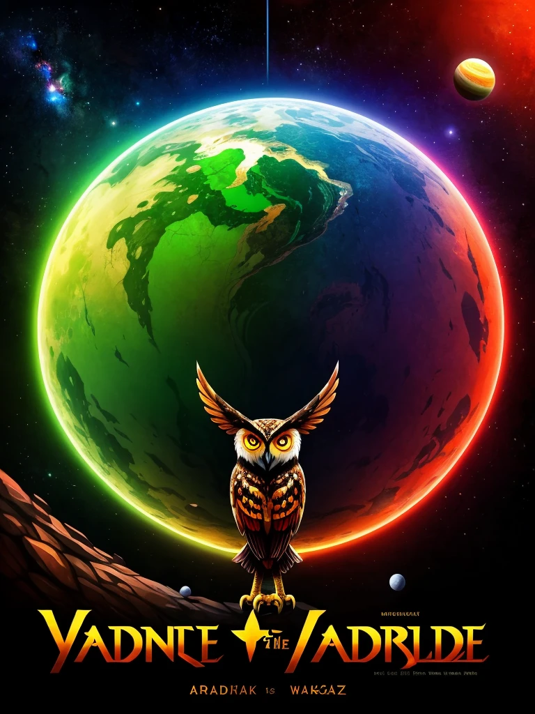 **Poster Description for "Waldkauz Spirits"**
---
**Top Part of the Poster:**
- **Background Color:** Black
- **Image:** Stylized Owl
- **Details:** Vaguely visible eyes, beak, and outline of the facial shape
- **Color Theme:** Warm red-orange
---
**Title:**
- **Text:** Waldkauz Spirits
- **Font:** Antiqua Bold
- **Color:** Warm red-orange (same color theme as the owl)
- **Position:** The title should be fully readable and clearly visible.
---
**Below the Title:**
- **Text:** Absinthe aus dem Tal
- **Font:** Antiqua Bold
- **Color:** Vibrant pine green
---
**Below the Text:**
- **Image:** Comic of a cat with a rainbow tail
- **Background:** Many stars
- **Edge:** Vaguely visible dark green gas planet (single planet, no artifacts at the edge)
- **Transition:** The area below the text "Absinthe aus dem Tal" should fade into the black background towards the edges, while the planet and the cat with the tail remain visible.
---
**Mood of the Poster:**
- **Majestic and powerful**
---
This poster represents an impressive composition that creates a majestic and powerful mood through the interplay of colors and motifs. The combination of the stylized owl, striking fonts, and the colorful comic element makes it unique and appealing. The title "Waldkauz Spirits" remains fully readable, and there are no distracting artifacts at the bottom edge of the poster.