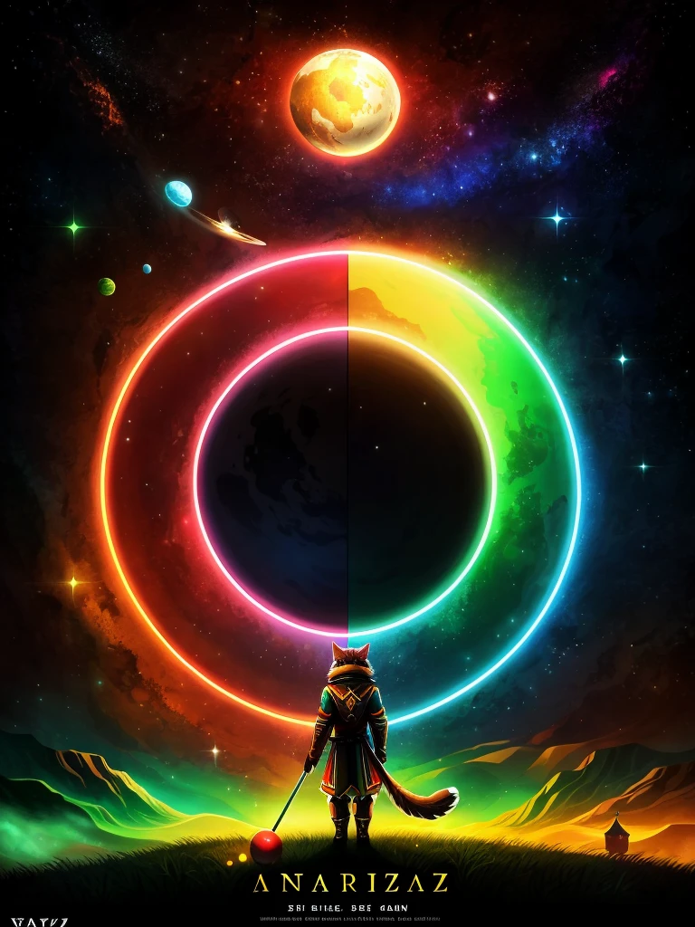 **Poster Description for "Waldkauz Spirits"**

---

**Top Part of the Poster:**

- **Background Color:** Black
- **Image:** Stylized Owl
  - **Details:** Vaguely visible eyes, beak, and outline of the facial shape
  - **Color Theme:** Warm red-orange

---

**Title:**

- **Text:** Waldkauz Spirits
  - **Font:** Antiqua Bold
  - **Color:** Warm red-orange (same color theme as the owl)
  - **Position:** The title should be fully readable and clearly visible.

---

**Below the Title:**

- **Text:** Absinthe aus dem Tal
  - **Font:** Antiqua Bold
  - **Color:** Vibrant pine green

---

**Below the Text:**

- **Image:** Comic of a cat with a rainbow tail
  - **Background:** Many stars
  - **Edge:** Vaguely visible dark green gas planet (single planet, no artifacts at the edge)
  - **Transition:** The area below the text "Absinthe aus dem Tal" should fade into the black background towards the edges, while the planet and the cat with the tail remain visible.

---

**Mood of the Poster:**

- **Majestic and powerful**

---

This poster represents an impressive composition that creates a majestic and powerful mood through the interplay of colors and motifs. The combination of the stylized owl, striking fonts, and the colorful comic element makes it unique and appealing. The title "Waldkauz Spirits" remains fully readable, and there are no distracting artifacts at the bottom edge of the poster.