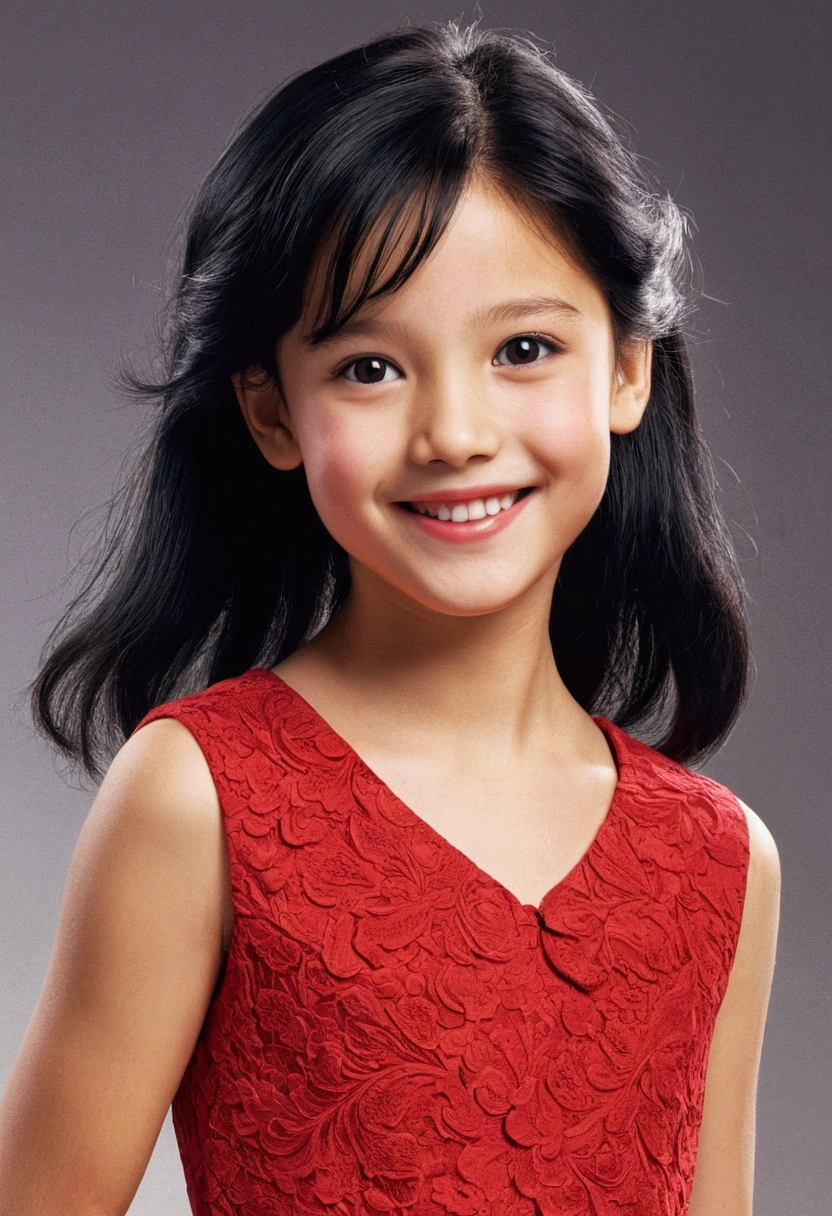 A girl, Bblack hair, 1980s (styled), sleeveless red dress (Characteristics) realisticeyes, great texture, smiling excitedly 