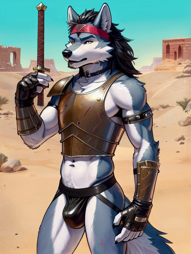 Solo Sexy young anthro furry wolf ancient desert solider, slim slim muscular, anthro handsome gay muzzle, shagy shag shag headband, handsome gay model male apperance, sword scars, worn out skimpy armament, low on hips heavy leather belt, old very worn out skimpy leather jockstrap, old yellow dirty worn out stains on white sawn jockstrap, very visible "x" brown seam studded pattern on the jockstrap, skimpy btonze age armlets brozne breastplate armor, skimpy bronze breastplate, leather bondages, fingerless leather gloves, ancient desert battlefield, standing in sexy fighting position, close view of full character