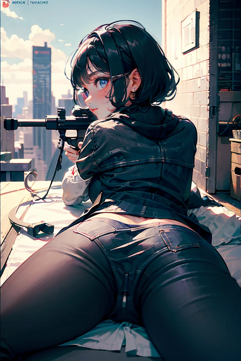 1girl, from behind, sniper, afb-lora, holding rifle, aiming, sniper rifle, scope, 50Caliber, lying on stomach, ass focus, on roof, office block, city center